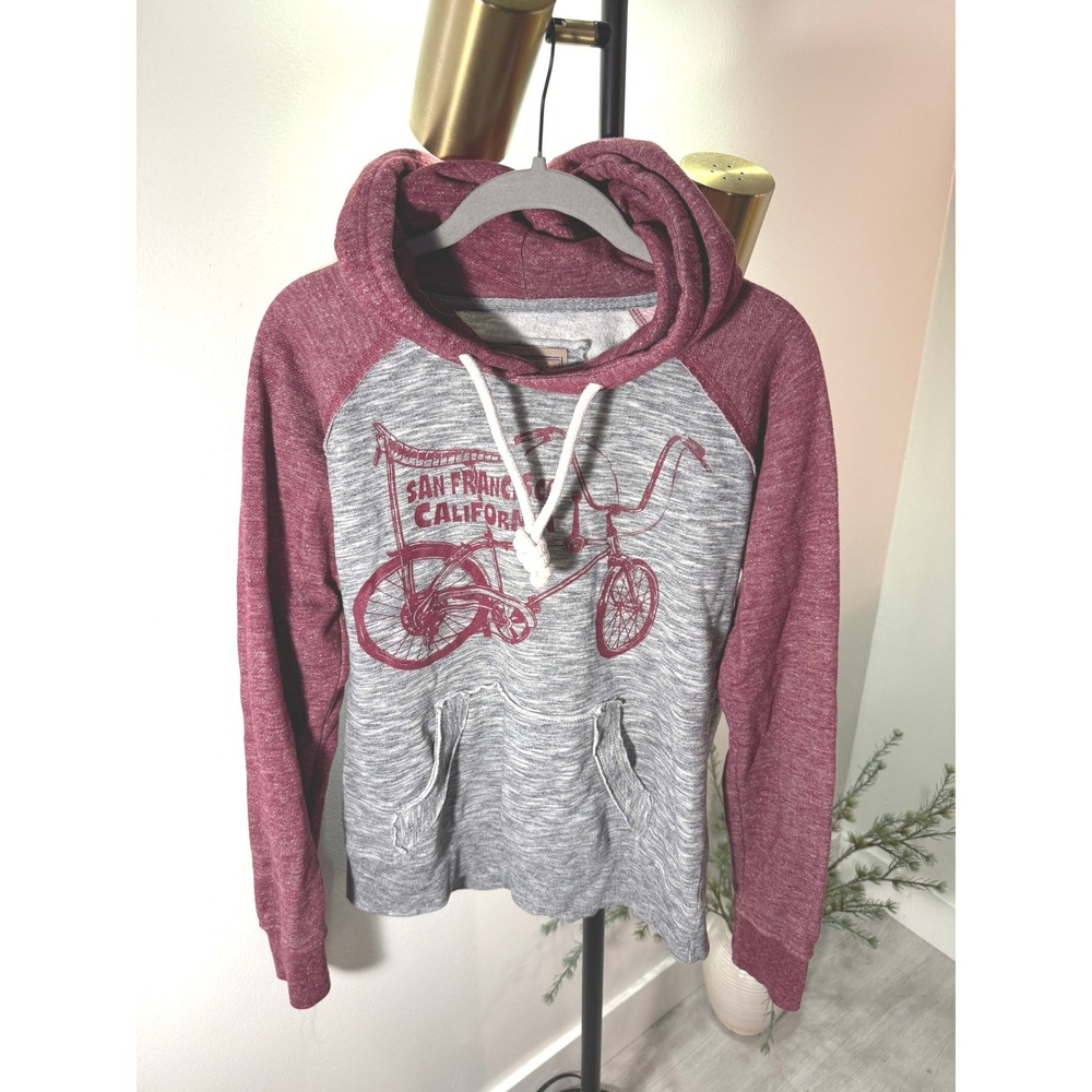 San Francisco California Lowrider Bicycle Raglan Hoodie‎ Grey Burgundy Medium